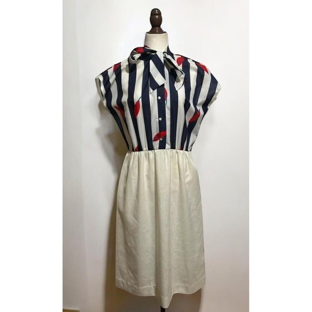 VTG 60s Patriotic Dress Bow Tie Cotton Skirt Button Blouse Sz 30w Stretch Waist